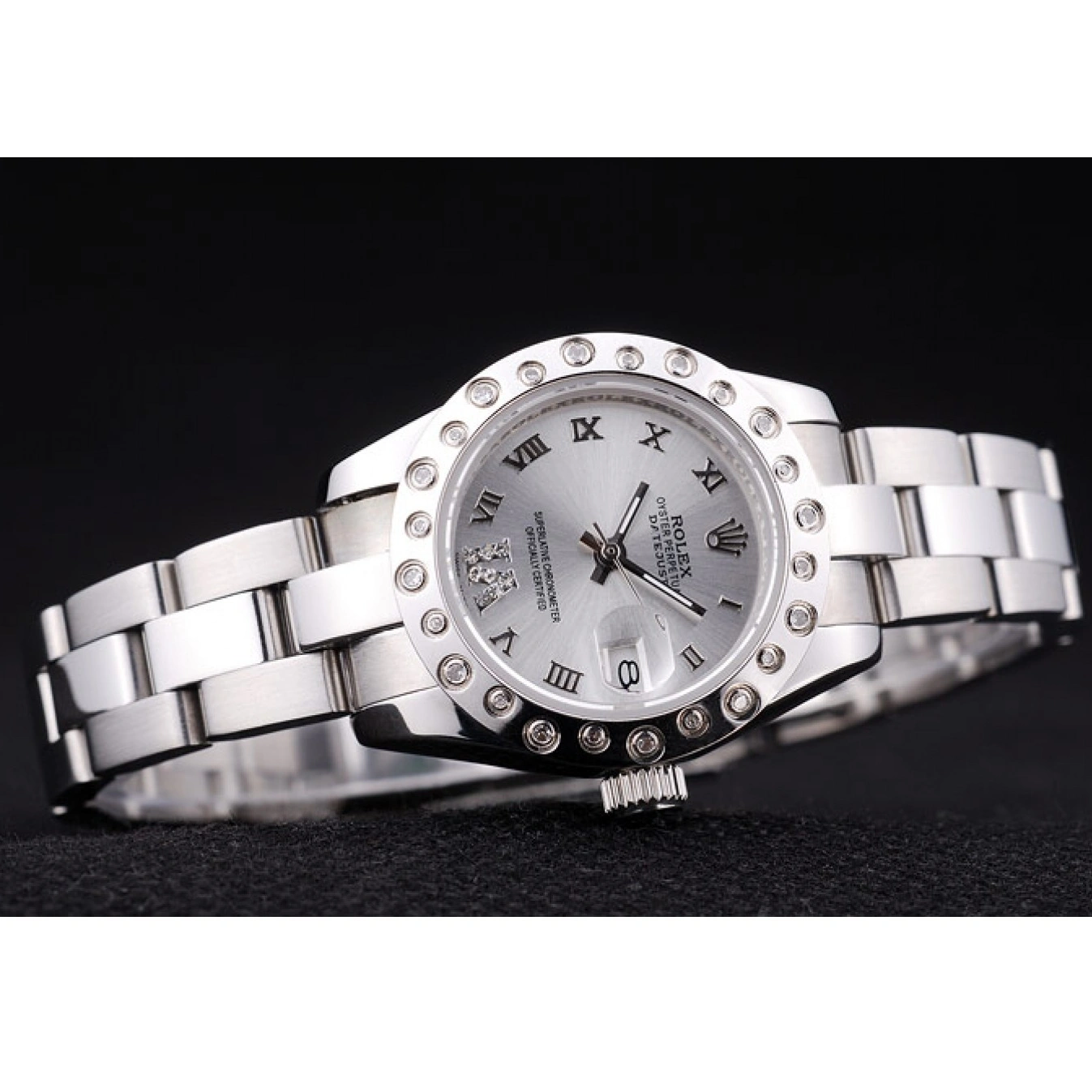 Aaa replica watch Polished Silver Datejust Dial Bezel 7474 Silver Rolex Diamonds 1026